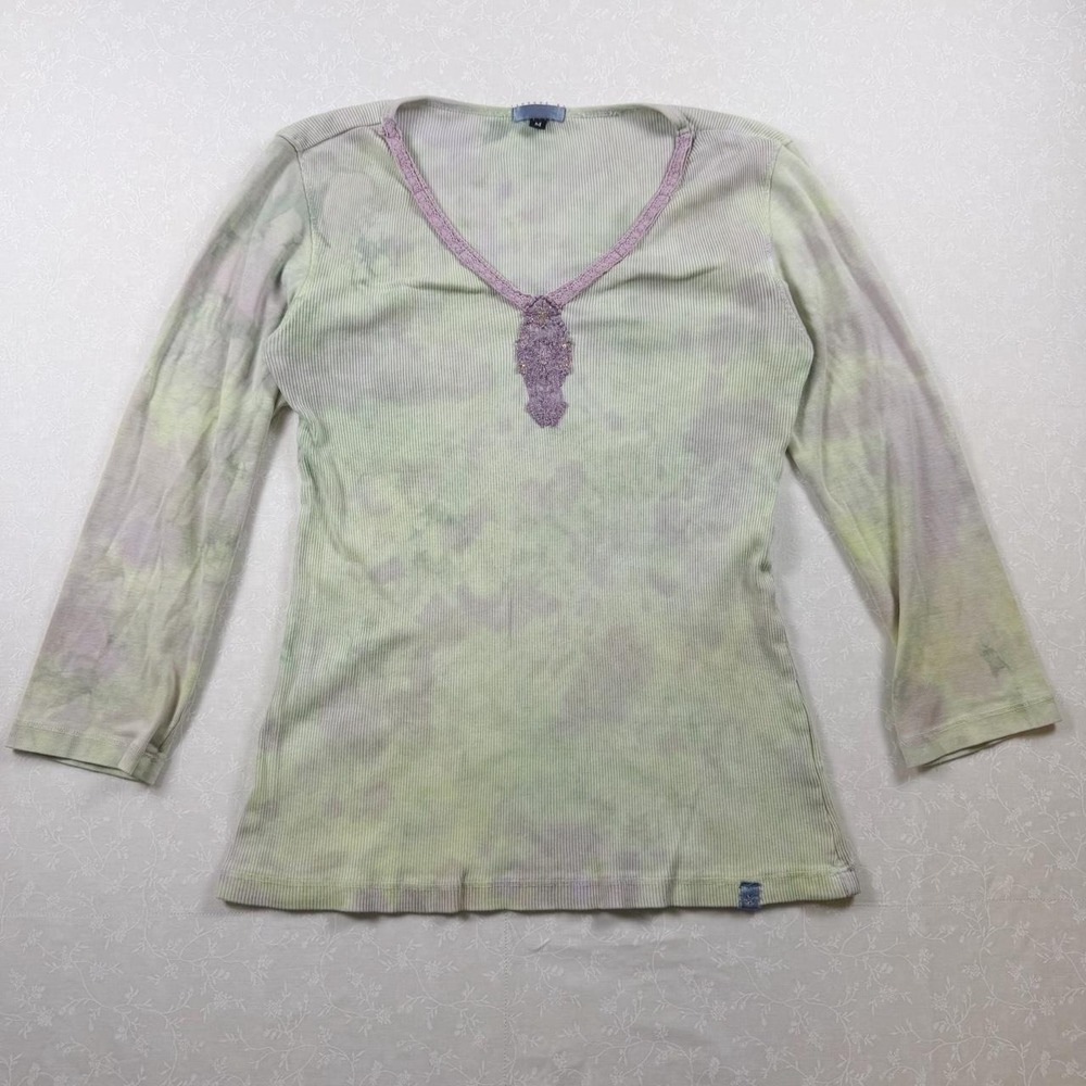 Y2K Pastel Tie Dye Lace Ribbed Cotton Top — Size M
